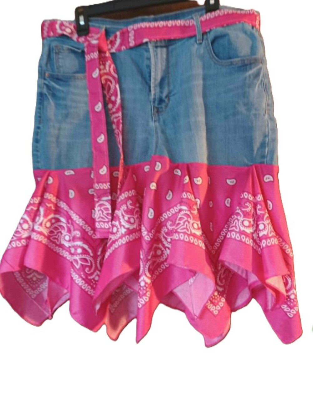 Handmade Upcycled jean Denim Hot Pink Bandana Skirt short